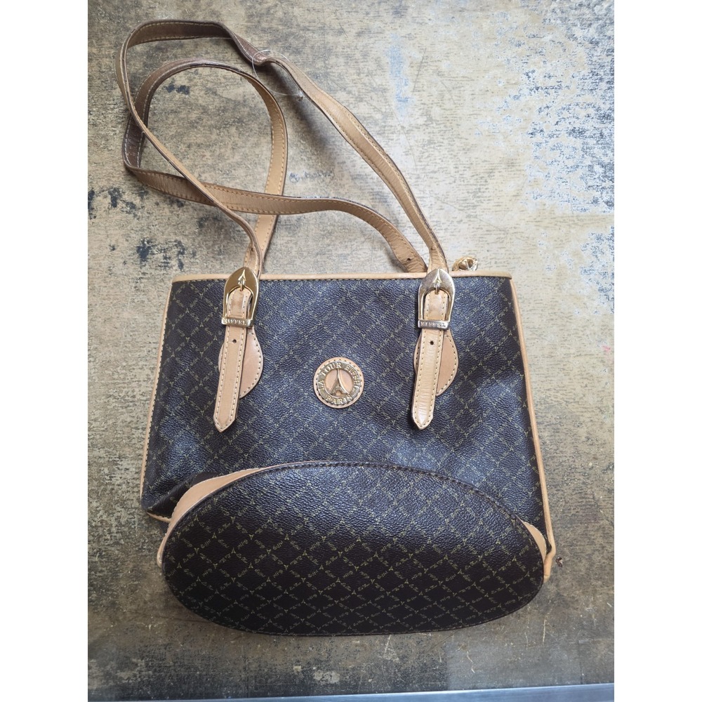 La Tour Eiffel Womens Brown Leather Signature Print Double Handles Shoulder Bag
